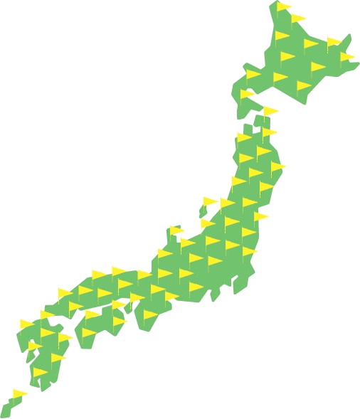 全国の上映劇場を示す日本地図。北海道から沖縄まで、全国各地に旗が立っている。